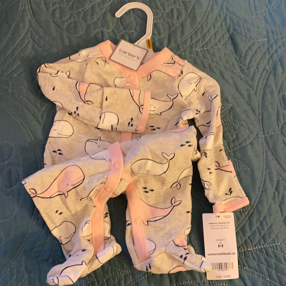 Cute pink & grey whale sleeper with snaps.